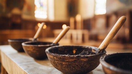 Bowls with wooden scoops filled with dark material on table