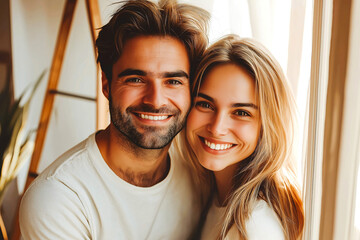 Smiling happy couple painting the wall of their new home holding paint rollers and looking at the window near ladder. Married man and woman doing repair renovation preparing to move into a new flat