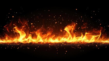 Fiery inferno flames burning intensely, black background, sparks, design element