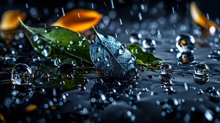 Aufkleber - Raindrops dance on leaves nature photography close-up dark environment artistic perspective silver droplets