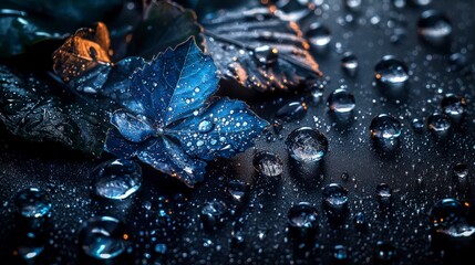 Poster - Silver droplets dance on dark leaves nature studio macro photography close-up artistic vision