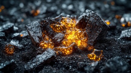 Poster - Glowing amber dots emerge from cracks in dark rocks fantasy landscape digital art enigmatic atmosphere