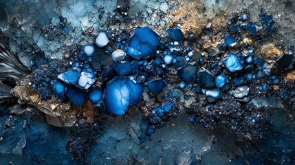 Poster - Cobalt blue dots emerge from fractured surface nature's artistry close-up view abstract concept