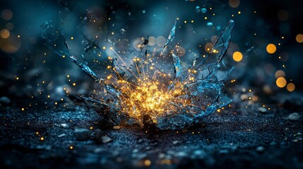 Leinwandbilder - Fractured glass explosion dark environment stunning visuals small golden lights abstract concept