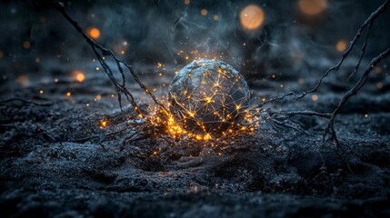Leinwandbilder - Fractured sphere glowing with golden light mystical landscape digital art night scene abstract concept