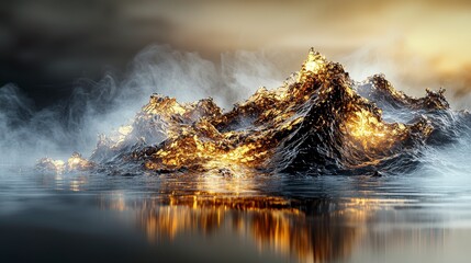 Poster - Surging waves of bronze and gold ocean shore nature art serene environment close-up view tranquil concept