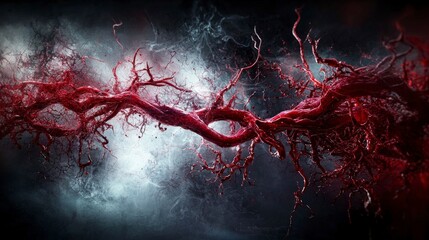 Poster - Abstract digital illustration intense bloodred strands through dark veil in surreal close-up