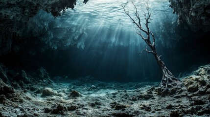 Aufkleber - Underwater cave photography abyssal depths and whispering vulnerability in a serene environment