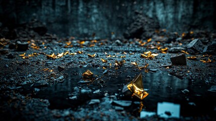 Poster - Whispers of emptiness fragments of gold in a forgotten urban ruin photography dark environment close-up surreal concept