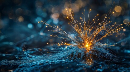 Fototapete - Golden sparks erupting from water surface nature abstract art calm environment close-up beauty of light
