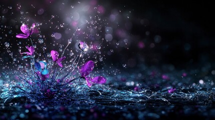 Poster - Droplets of indigo rainfall dance among flowers dark atmosphere high-resolution photography artistic environment