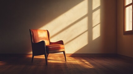 Wall Mural - A tan leather chair is sitting in a room with a window