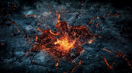 Aufkleber - Molten eruption sparks from cracked surface abstract art dark environment close-up view fiery concept