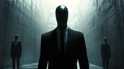 Sticker - A man in a suit stands in a dark room with two other men