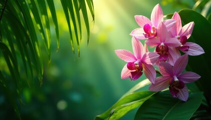 Wall Mural - Giant palm leaves, orchid cascade, sunlight dappled, nature, flowers, pink