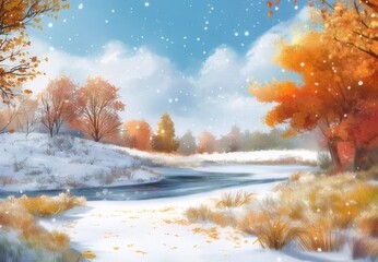 Wall Mural - Snowy autumn landscape with colorful trees and frozen river.