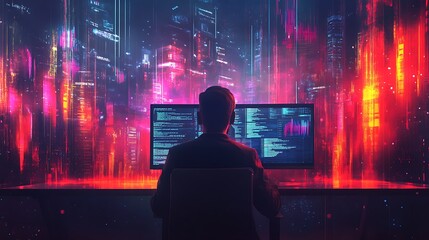 Coder working late at night in front of two computer screens with a futuristic cityscape backdrop.