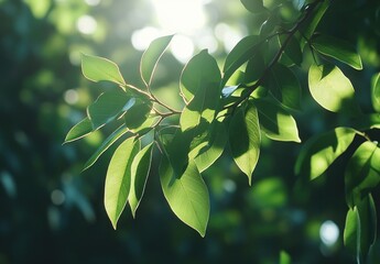 Wall Mural - Sunlit green leaves branch, forest bokeh, nature backdrop