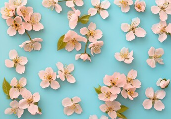 pink cherry blossoms pastel blue background spring floral design