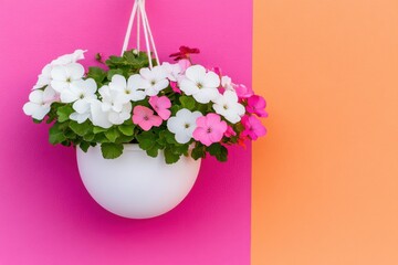 Sticker - Bright hanging flower basket on a vibrant pink and orange wall showcasing modern urban decor under warm natural lighting