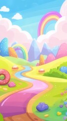 Wall Mural - Whimsical candy landscape with rainbow, river, and sweet treats.