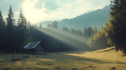 Canvas Print - Sunbeams illuminate a rustic cabin nestled in a misty mountain forest meadow.