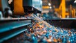 © Albert Kazakh - A granulator machine efficiently breaks down plastic waste in an industrial setting, producing colorful small granules ready for recycling.