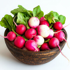 Wall Mural - Vibrant Red and White Radishes in Rustic Wooden Bowl: Fresh, Healthy Harvest