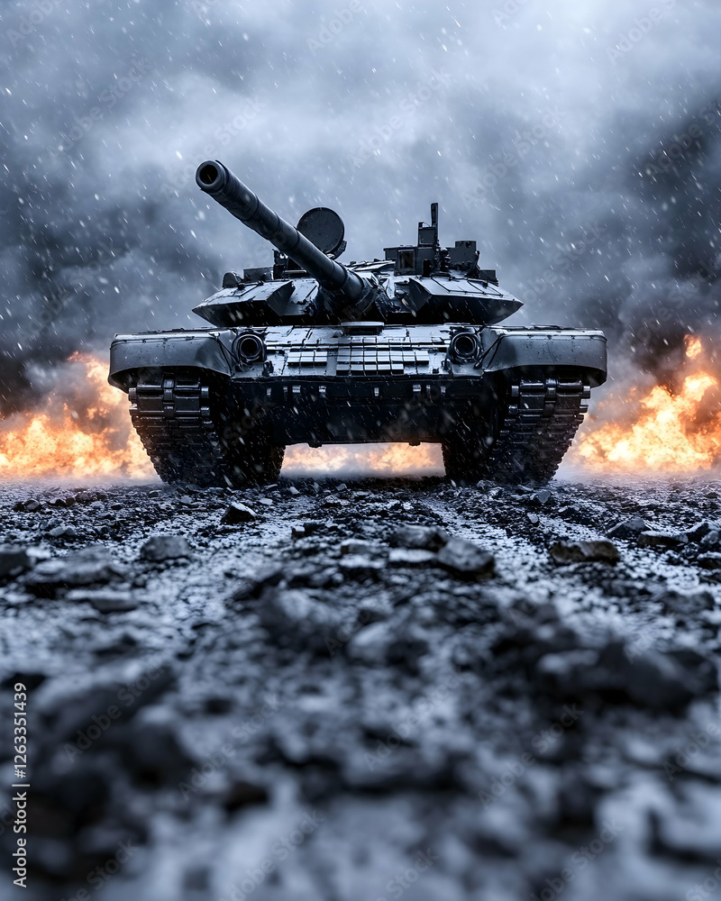 Document Generative Using Ai Tank on a road. War scene on destroyed road and fire in background ...