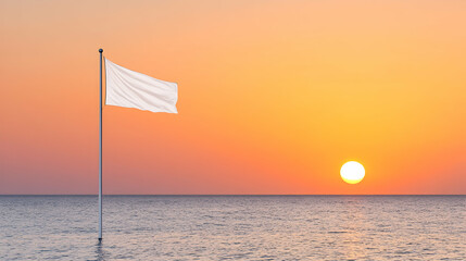 Wall Mural - white flag waving on beach at sunrise, serene ocean background. symbol of peace. generative ai