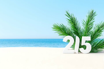 Wall Mural - White numbers next to palm on a tranquil sandy beach. Ocean backdrop, holiday use. Generative AI