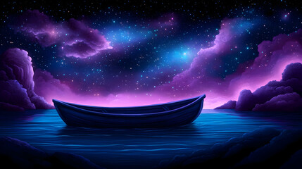 Wall Mural - a boat floats on water under a night sky filled with stars. generative ai