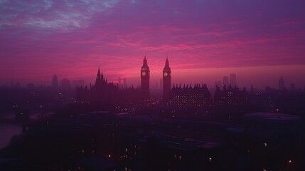 Canvas Print - London skyline at dusk, silhouettes of famous landmarks, foggy cityscape, use for travel posters or historical displays