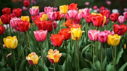 Wall Mural - Vibrant Tulip Field Close-up Composition of Red, Pink and Yellow Tulips, Spring Flowers, Floral Photography Spring Flowers, Tulips