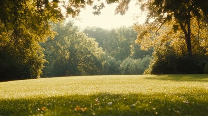 Canvas Print - A serene green landscape bathed in soft sunlight, surrounded by trees, perfect for evoking a sense of peace and nature, Ideal for wellness, outdoor activities, or environmental themes,