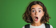 © VGX Ultra - A Surprised Young Girl Captured in a Vibrant Green Background, Expressing Joy and Curiosity with Freckles and Curly Hair, Perfect for Representing Childhood Excitement and Emotion.