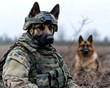 © bcendet - Military dog in uniform patrols field with partner in background. Stock photo use. Generative AI
