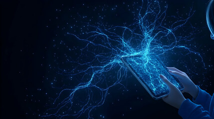 Man using a tablet with glowing connections. Science, Technology, and Innovation. Generative AI