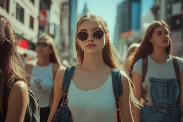 Wall Mural - Woman in white tank top and denim overalls