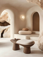 Minimalist interior with pebble furniture & decor in warm, earthy tones. Generative AI