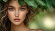 © DenisNata - A close-up portrait of a young woman with beautiful green eyes surrounded by lush green leaves.
