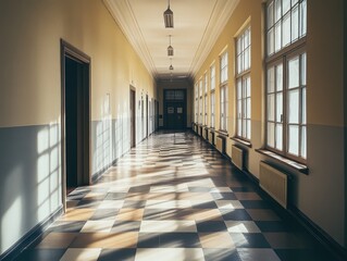 Wall Mural - Long Hallway with Checkered Floor