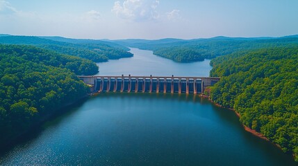 Wall Mural - Aerial view of dam, reservoir, and green hills