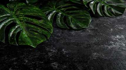 Wall Mural - Lush green Monstera leaves on dark stone background; tropical nature, product display