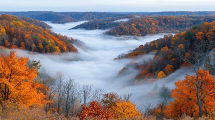 Sticker - Autumn valley fog, scenic overlook, fall foliage