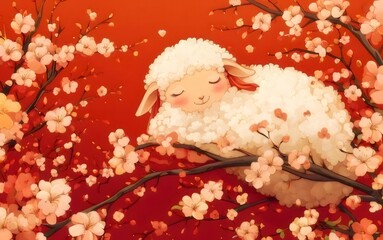 Wall Mural - Cute lamb sleeping peacefully amidst blooming peach blossoms.