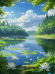 Wall Mural - Serene lake landscape with lush greenery, vibrant water lilies, and a bright sky.