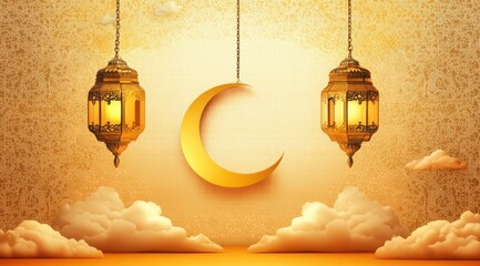 Creative design for Ramadan, 3D, lantern, crescent and stars, in gold style