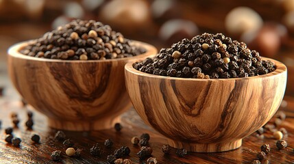 Poster - Black peppercorns in wooden bowls, kitchen table, spice, cooking