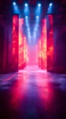 Wall Mural - Luminous red and blue pillars illuminate a dark, empty hall.